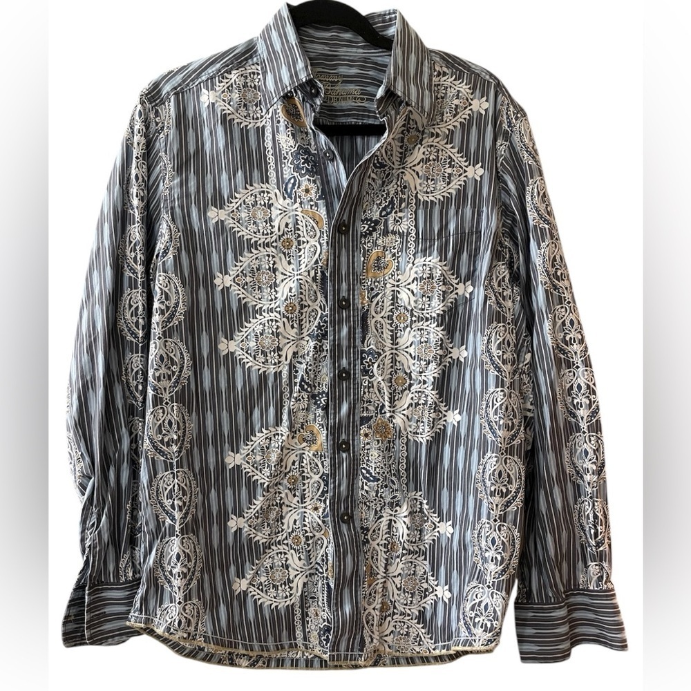 Tommy Bahama Denim Casual Button Down Collared Shirt Blue White Paisley Medium